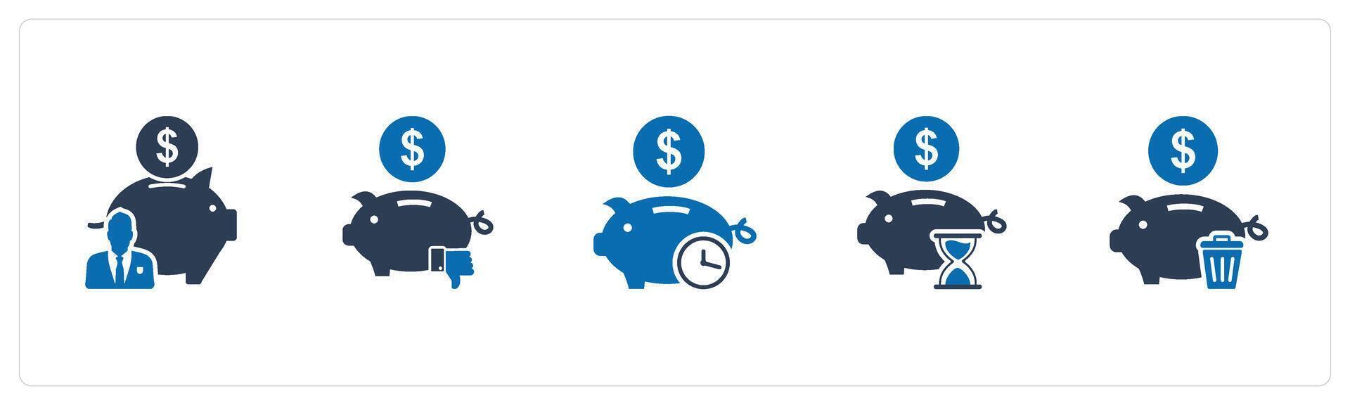 A set of 5 business icons as bank owner, dislike bank, time savings vector