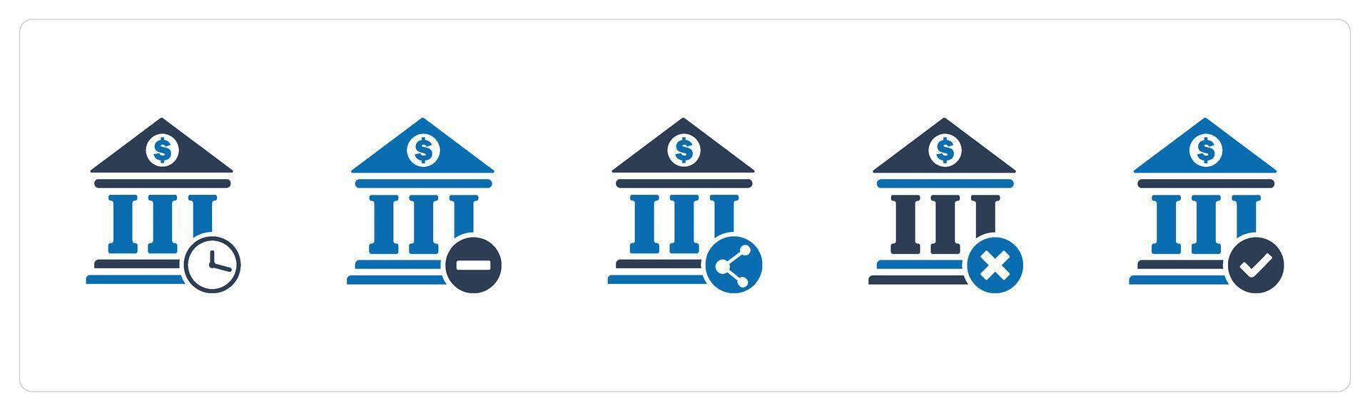 A set of 5 business icons as bank time, remove bank, bank share vector
