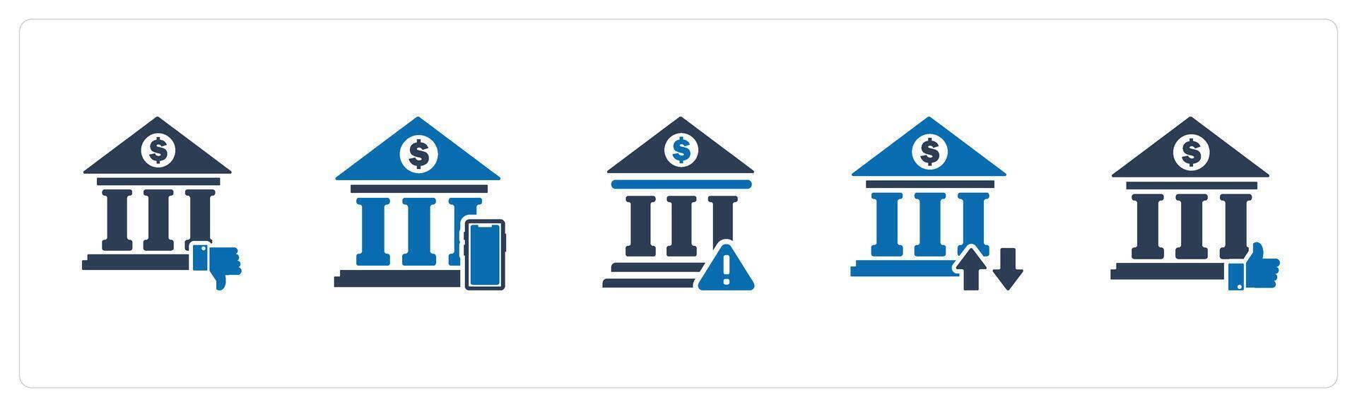 A set of 5 business icons as dislike bank, digital banking, bank maintenance vector