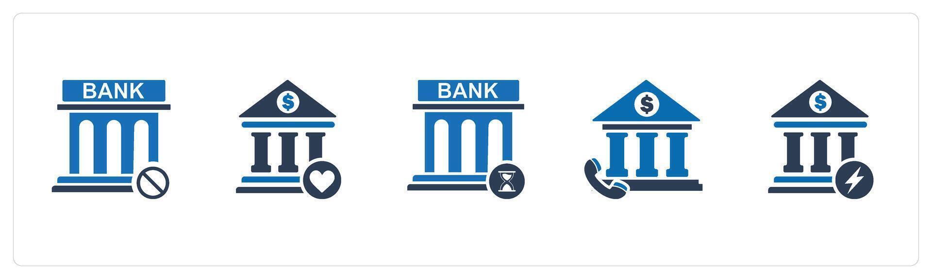 A set of 5 business icons as bank prohibited, favorite bank, bank time vector