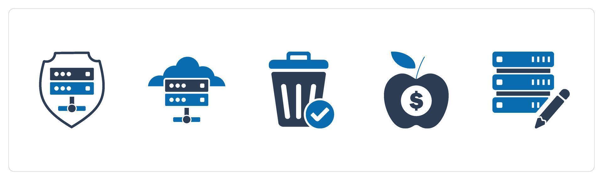 A set of 5 business icons as server security, cloud server, trash bin vector