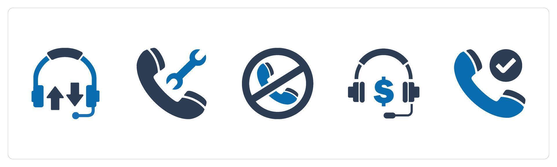 A set of 5 Contact icons as sychronize headphone, call maintenance, call prohibited vector
