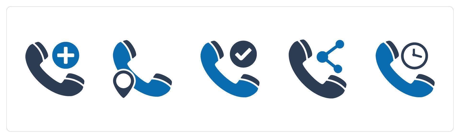 A set of 5 Contact icons as add call, call location, right call, share call vector