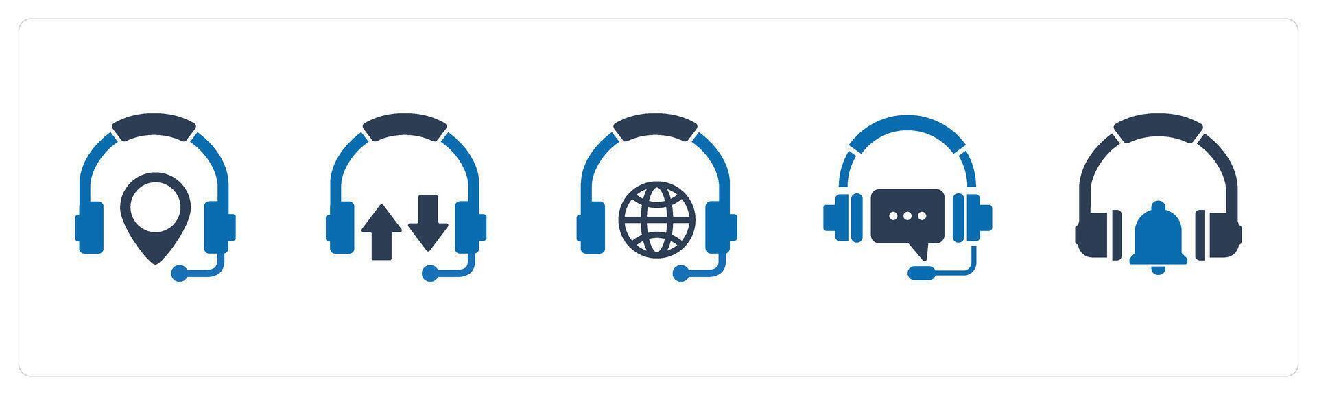 A set of 5 Contact icons as headphone location, synchronize headphone, international music vector