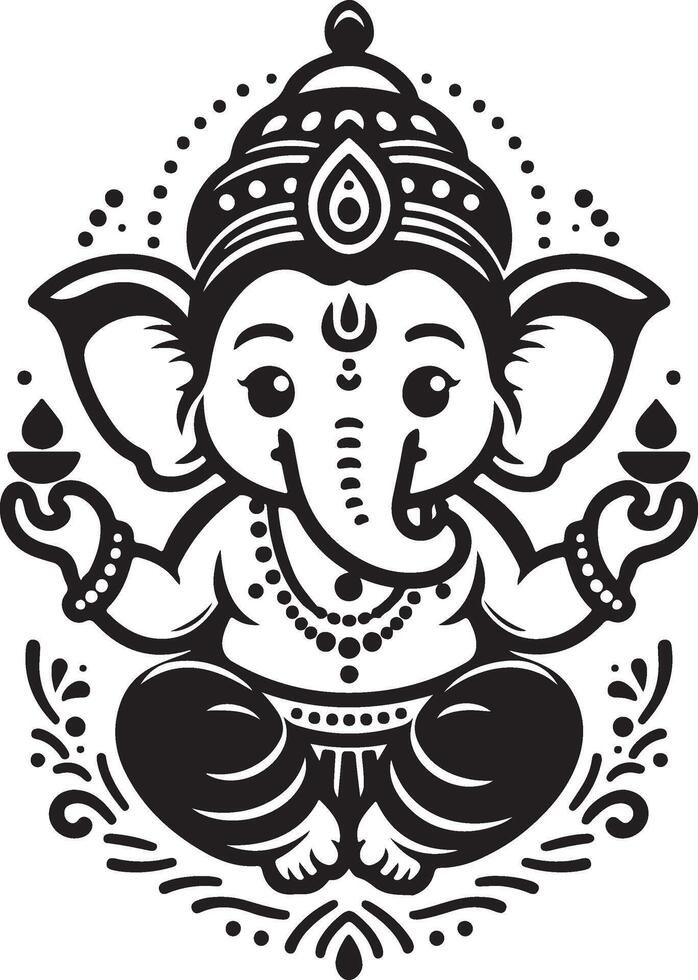 Simplified 2D illustration of Lord Ganesh in black and white line art, with minimal details for Ganesh Chaturthi. vector
