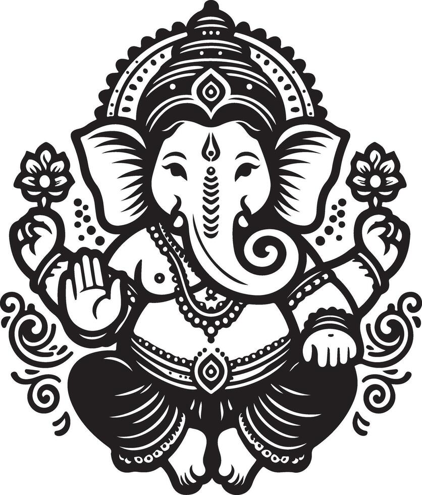Clean and minimal 2D silhouette of Lord Ganesh in black and white, designed for Ganesh Chaturthi. vector