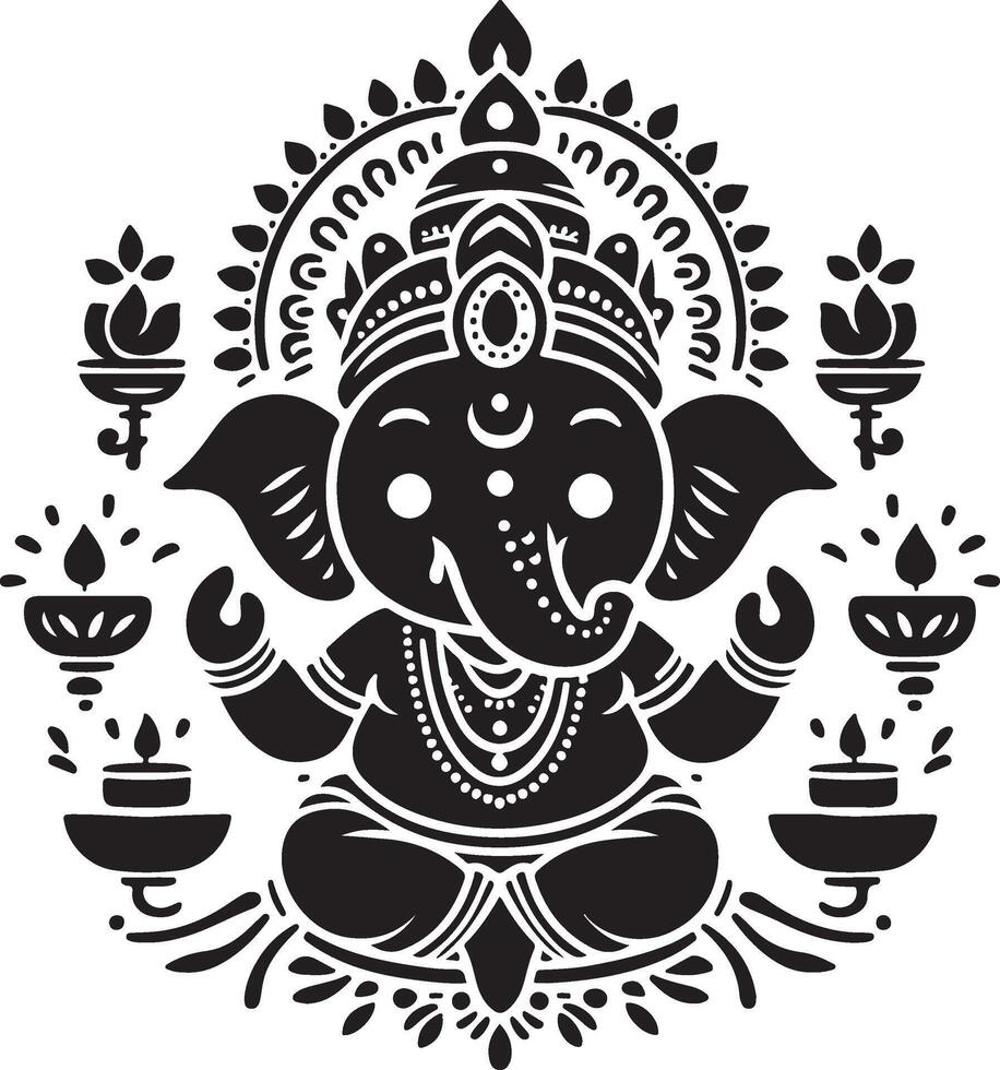 Elegant 2D black and white illustration of Lord Ganesh, with a minimalist and cute silhouette, ideal for Ganesh Chaturthi. vector