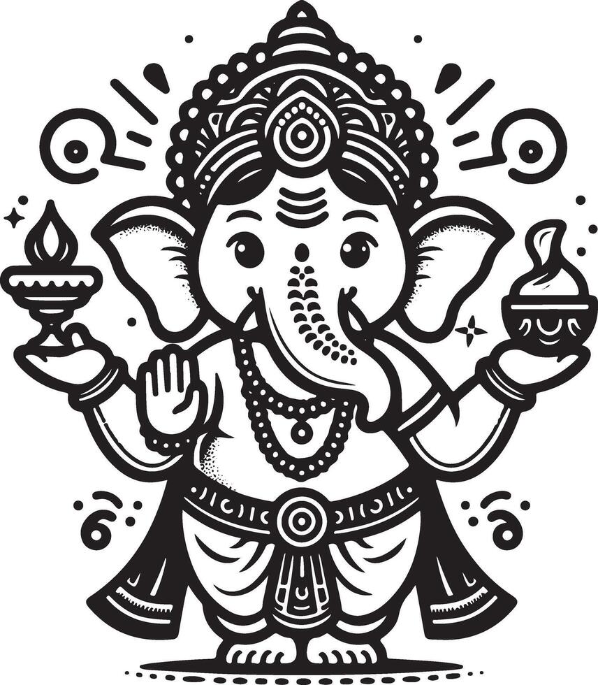 Simple 2D Ganapati silhouette in black and white line art, designed with minimal details for Ganesh Chaturthi. vector
