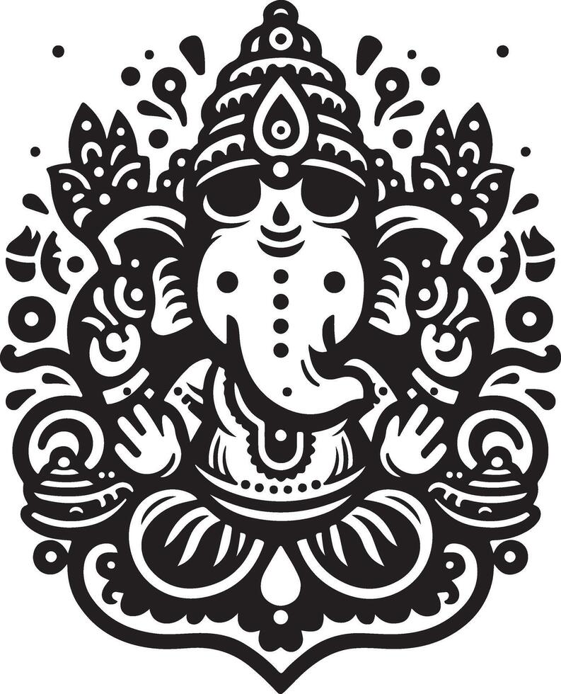 Minimalist 2D black and white illustration of Ganapati, focusing on a cute and low-detail silhouette for the festival. vector