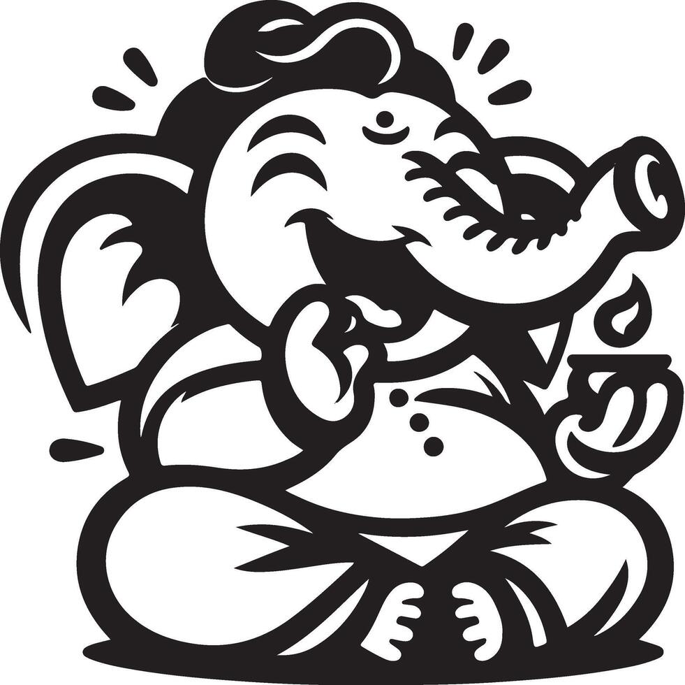 Simple black and white 2D line art of Ganapati, designed with a minimalist approach for Ganesh Chaturthi. vector