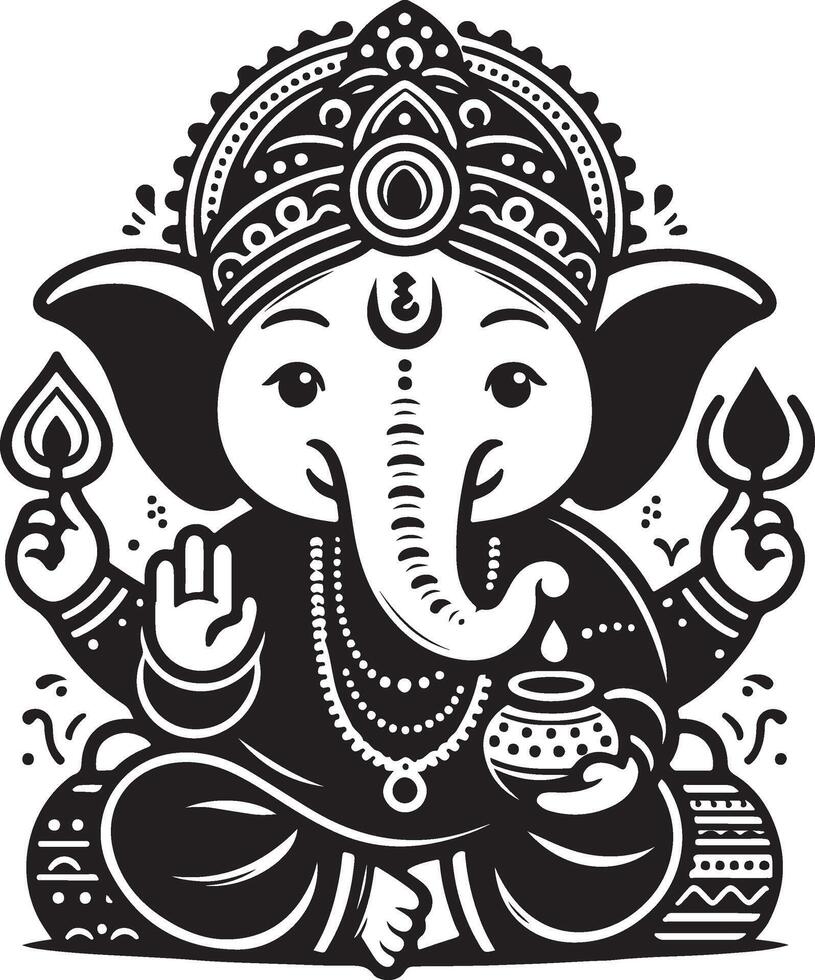 A charming 2D black and white line drawing of Ganapati, featuring a simple silhouette for the Ganesh Chaturthi festival. vector
