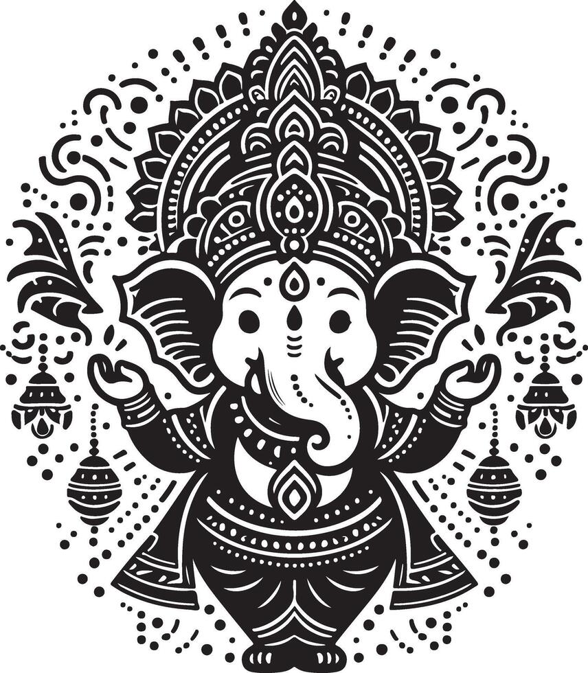 Minimalistic 2D line art of Lord Ganesh, depicted in black and white with a cute silhouette for the festival of Ganesh Chaturthi. vector
