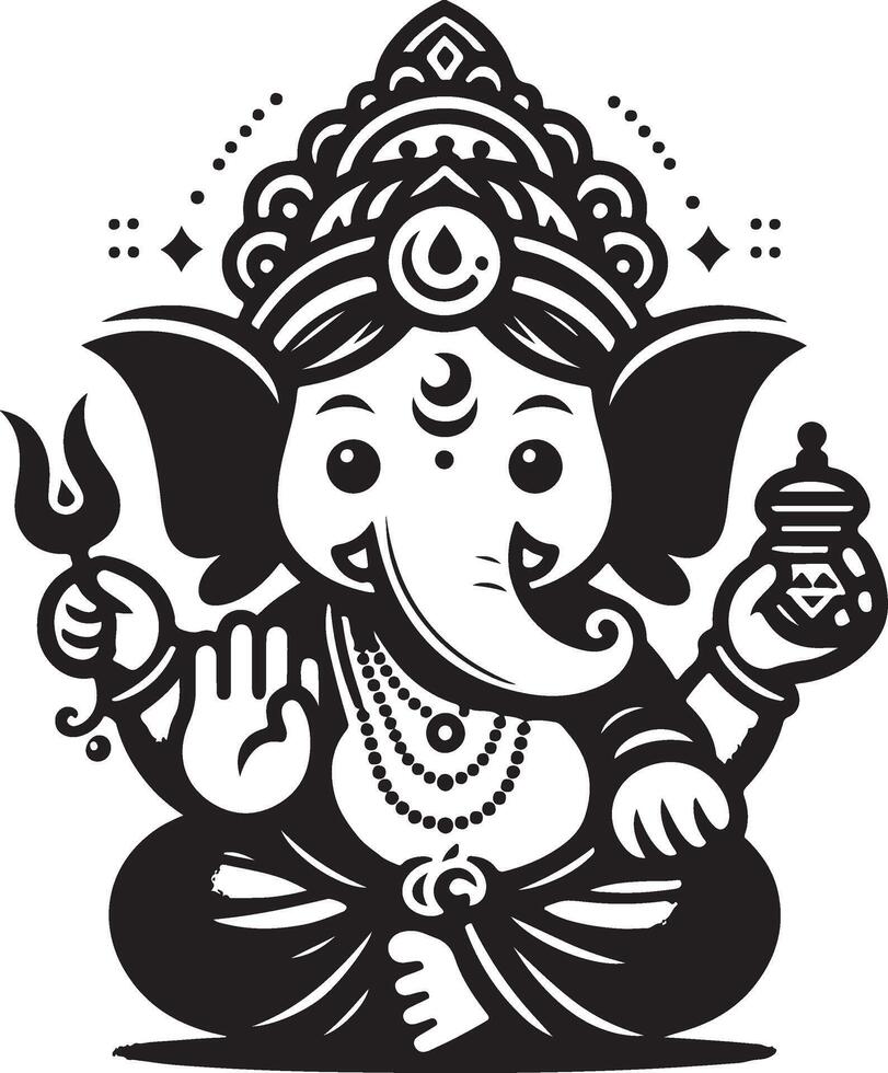 A low-detail black and white 2D illustration of Lord Ganesh, focusing on a clean and simple silhouette for the festival. vector