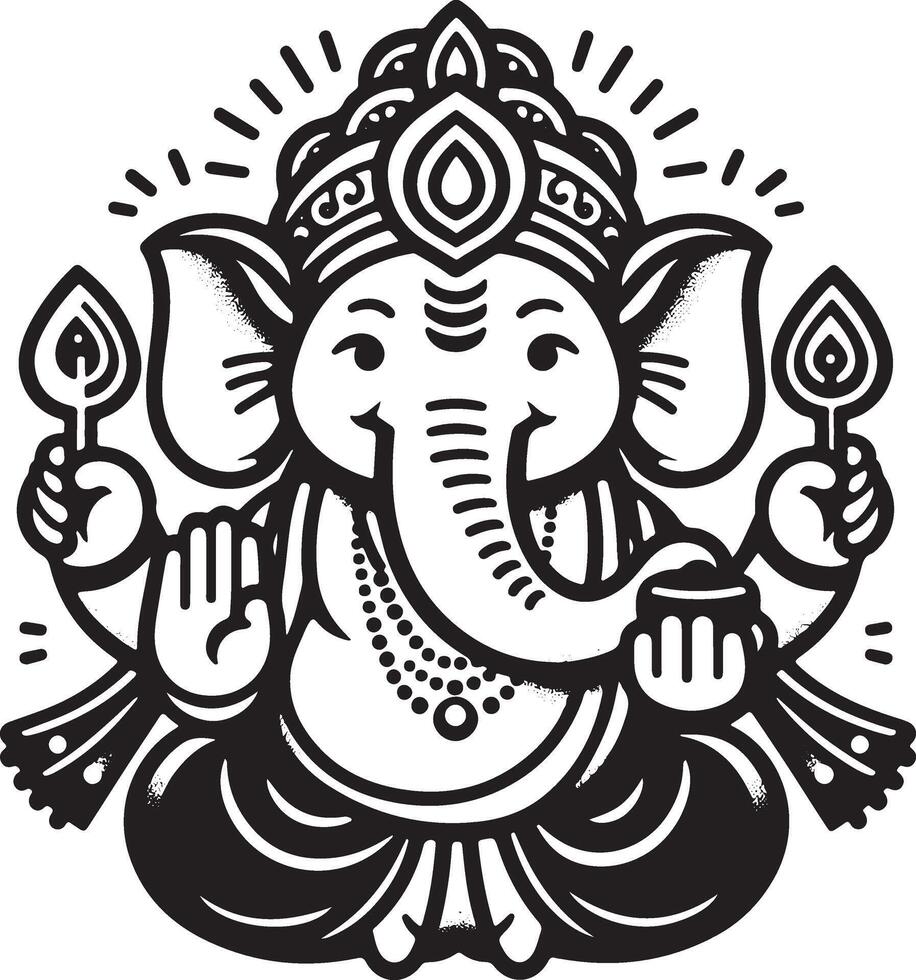 Cute and simple 2D line drawing of Lord Ganapati in black and white, with minimal details for Ganesh Chaturthi. vector