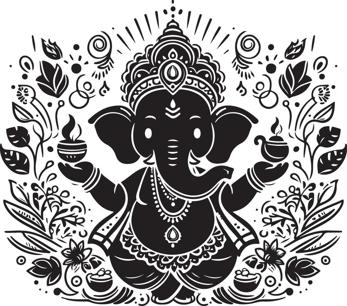 Adorable 2D silhouette of Lord Ganesh in black and white line art, rendered in a minimal style for Ganesh Chaturthi. vector