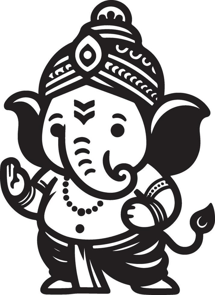 Minimalist black and white 2D silhouette of Ganesh, designed with a simple approach for the Ganesh Chaturthi festival. vector