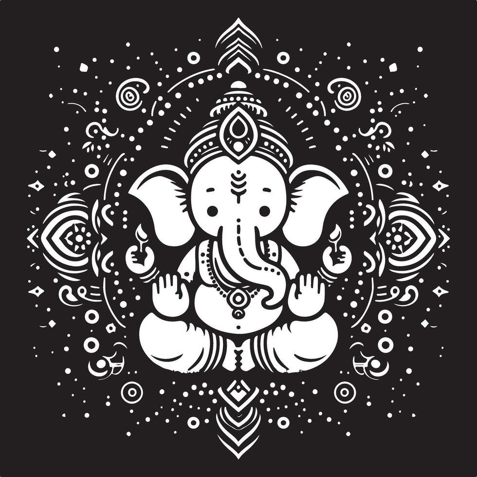 Simplified black and white 2D line art of Ganapati, focusing on a cute and minimal silhouette for Ganesh Chaturthi. vector