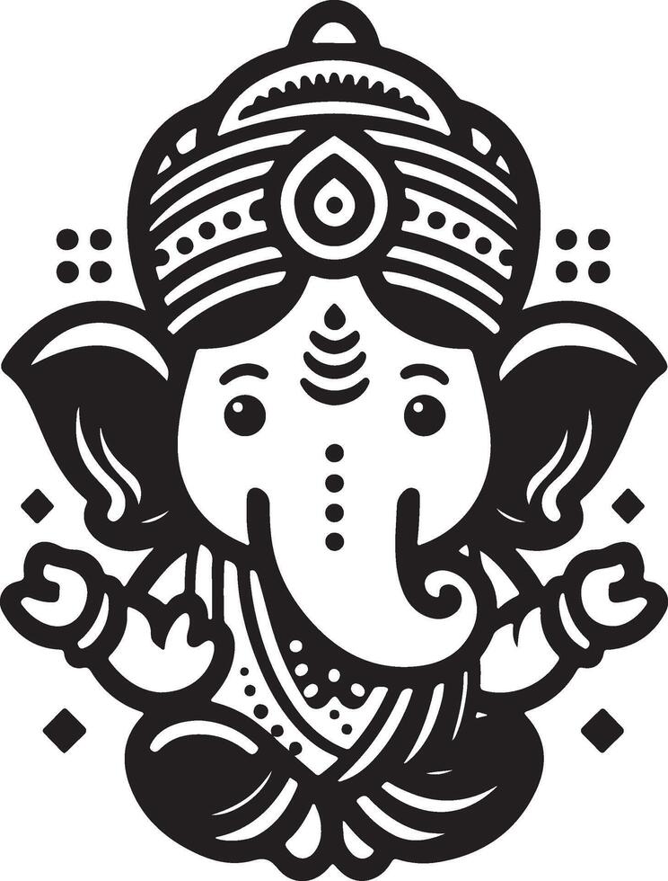 A low-detail, cute 2D depiction of Ganapati in silhouette, presented in black and white line art for the Ganesh Chaturthi festival. vector