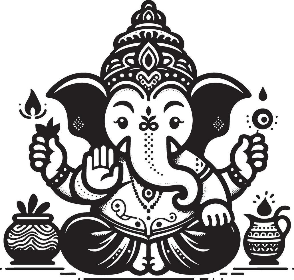 A cute and simplified 2D silhouette of Ganapati, rendered in black and white line art for Ganesh Chaturthi. vector