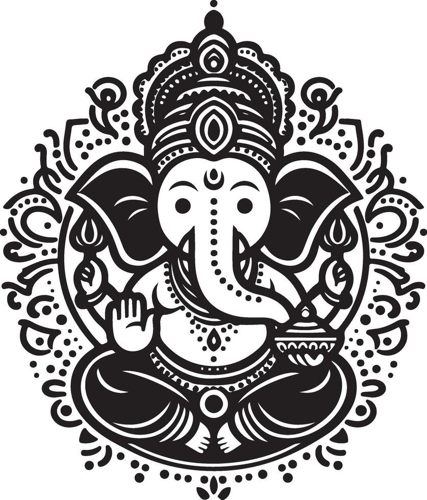 A minimalist 2D illustration of Lord Ganesh, depicted in black and white line art for the Ganesh Chaturthi festival. vector