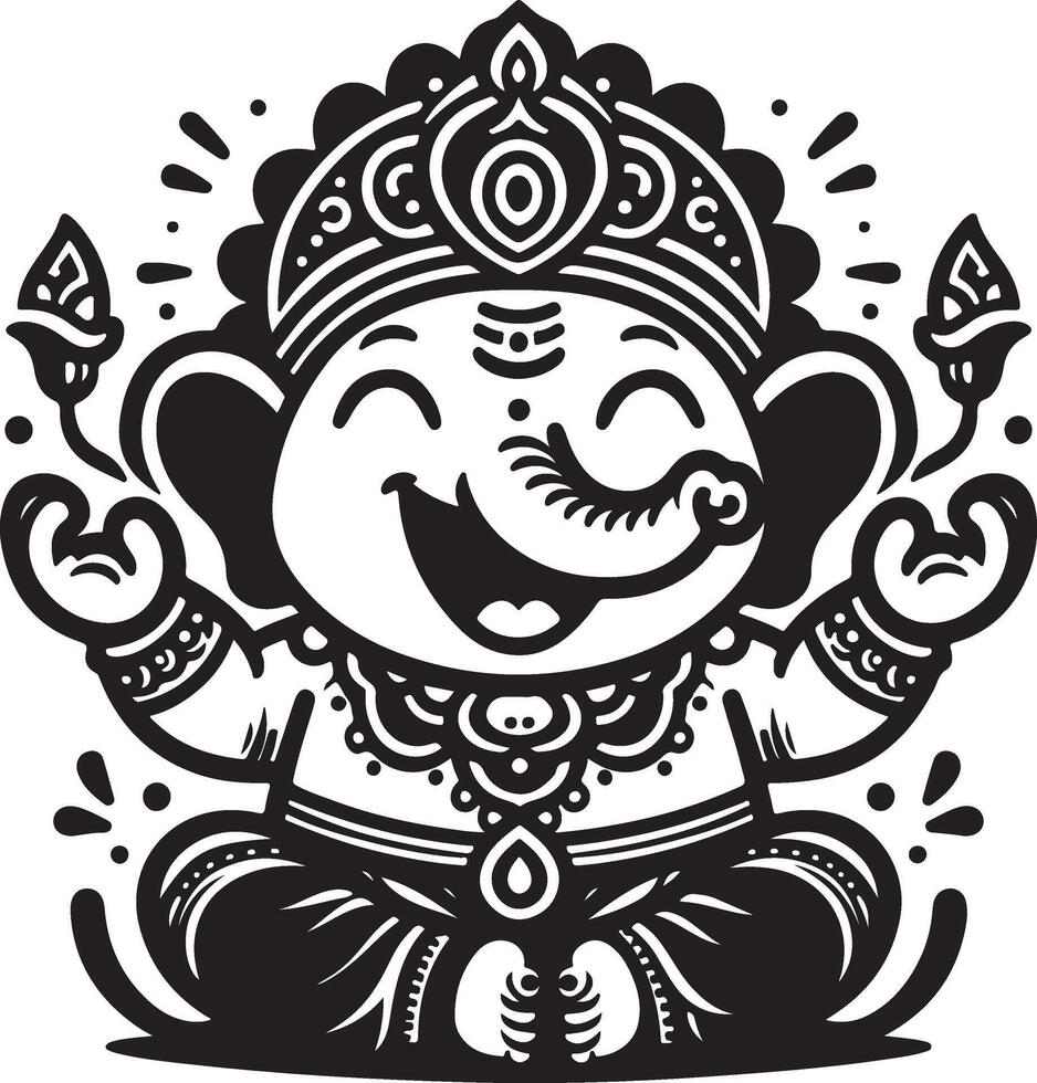 A clean and minimal 2D silhouette of Ganapati, drawn in black and white for Ganesh Chaturthi celebrations. vector