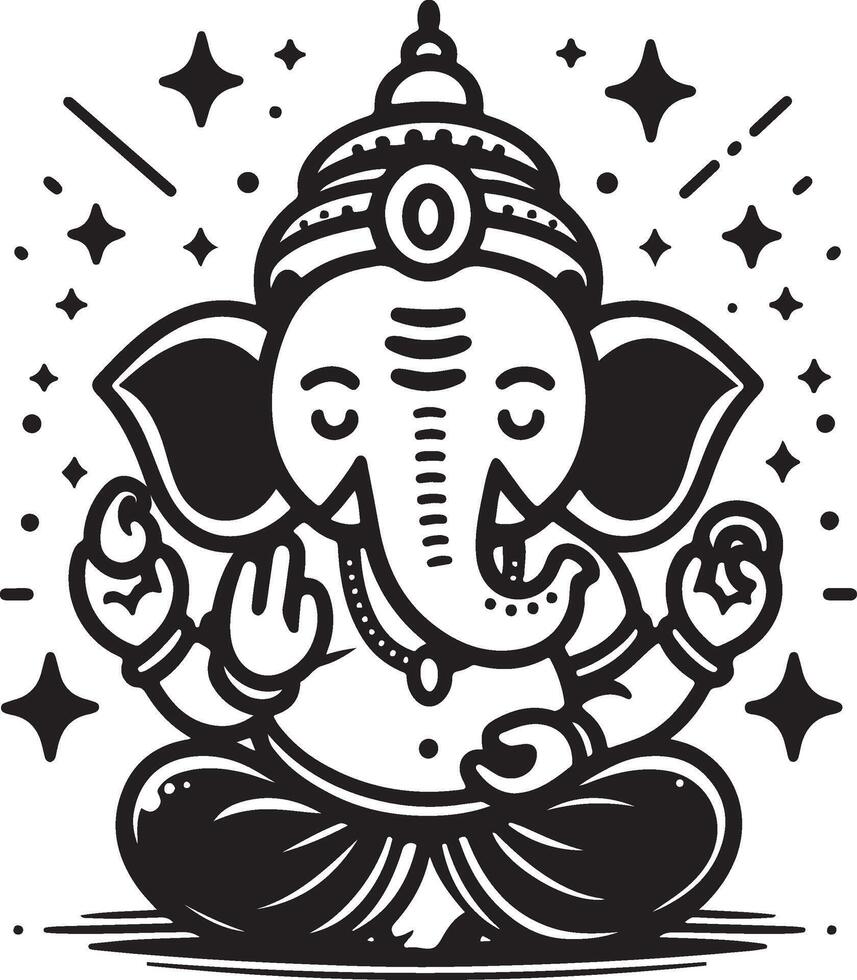 A minimalistic 2D black and white line art of Lord Ganesh, featuring a cute silhouette for Ganesh Chaturthi festivities. vector