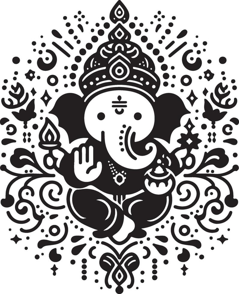 Low-detail 2D illustration of Lord Ganesh in black and white, focusing on a simple and cute silhouette for Ganesh Chaturthi. vector