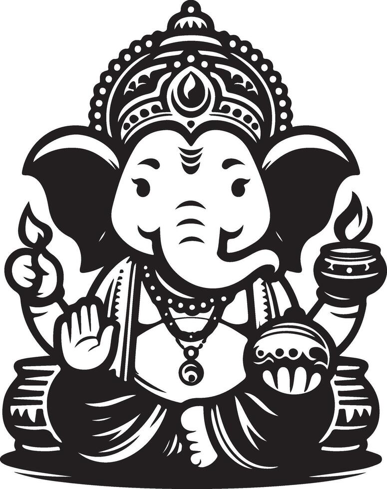 Simple 2D black and white depiction of Lord Ganesh, focusing on a clean silhouette for Ganesh Chaturthi celebrations. vector