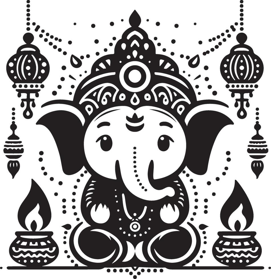 Cute and minimalistic 2D line art of Lord Ganesh, rendered in black and white for Ganesh Chaturthi. vector