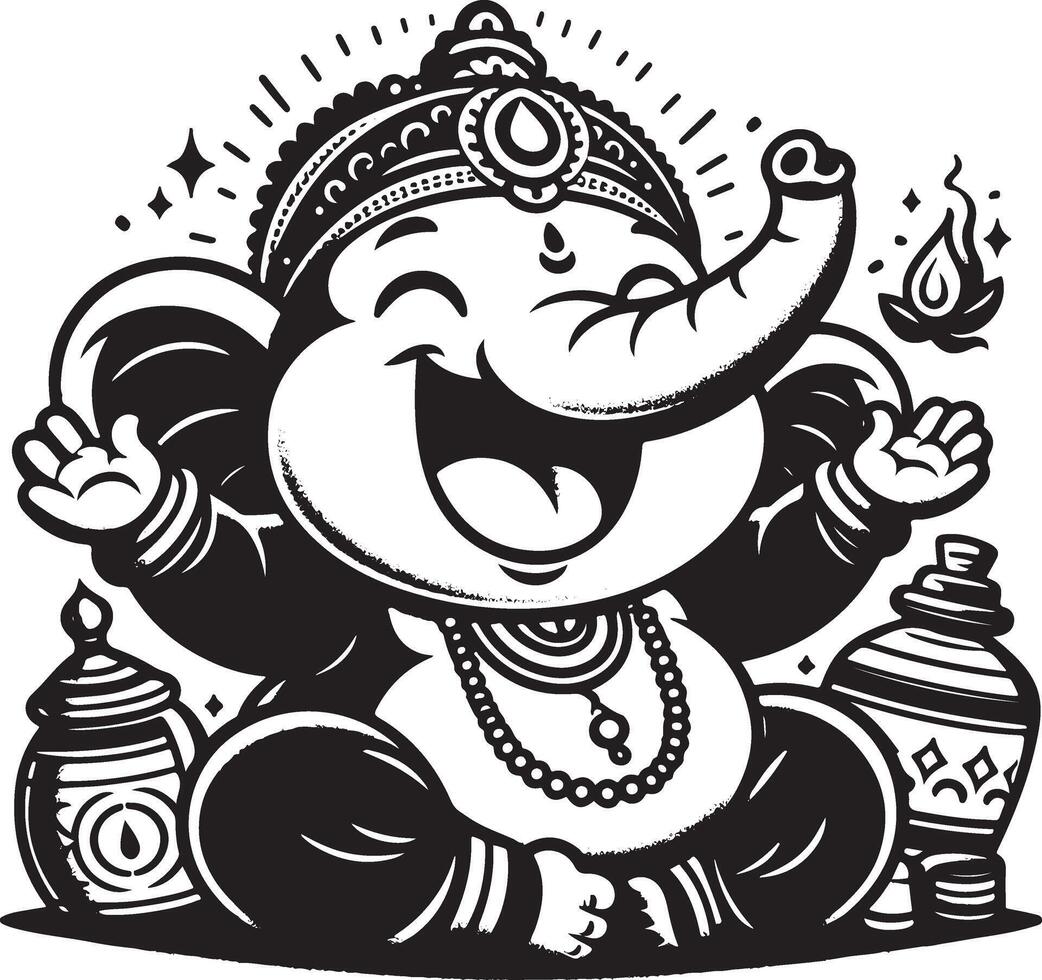 A minimalist black and white 2D depiction of Lord Ganesh, focusing on a cute silhouette for Ganesh Chaturthi. vector