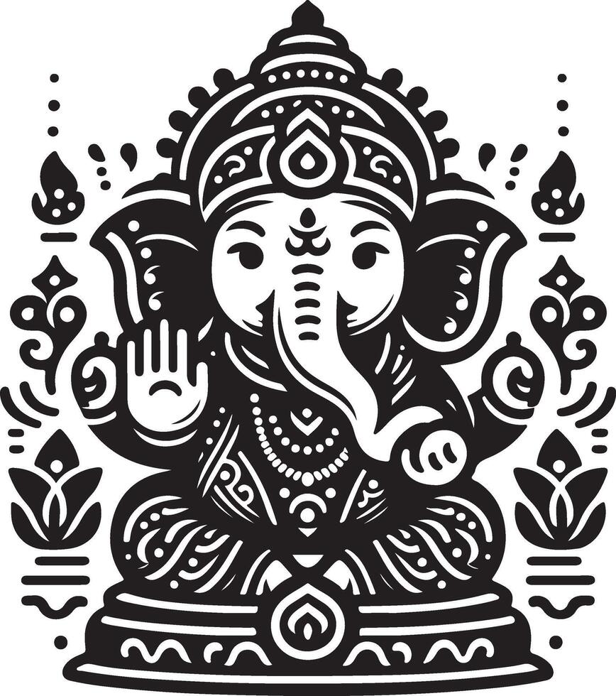 Simplified 2D black and white line art of Lord Ganapati, with a cute silhouette and low details, perfect for Ganesh Chaturthi celebrations. vector
