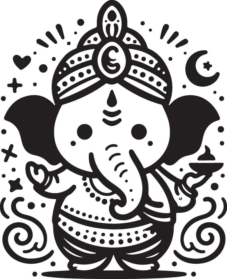 Minimalist 2D black and white depiction of Lord Ganesh, rendered with a clean silhouette for the festival. vector