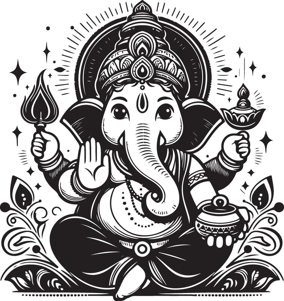 Simple black and white 2D silhouette of Ganapati, featuring minimal details, ideal for Ganesh Chaturthi. vector