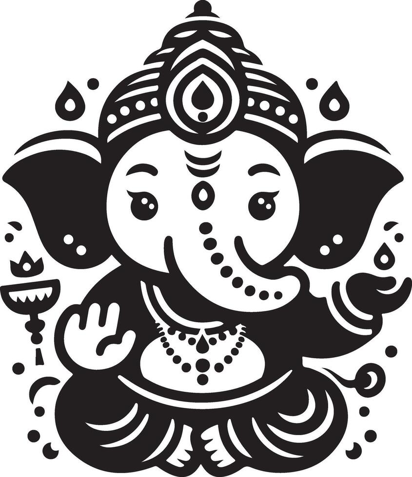 Simple, cute 2D black and white line art of Lord Ganapati, drawn with minimal details in a clean silhouette for Ganesh Chaturthi. vector