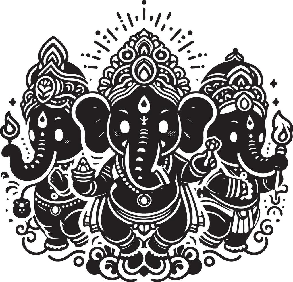 Minimalist 2D black and white line drawing of Lord Ganesh, with a cute and simple silhouette for Ganesh Chaturthi celebrations. vector
