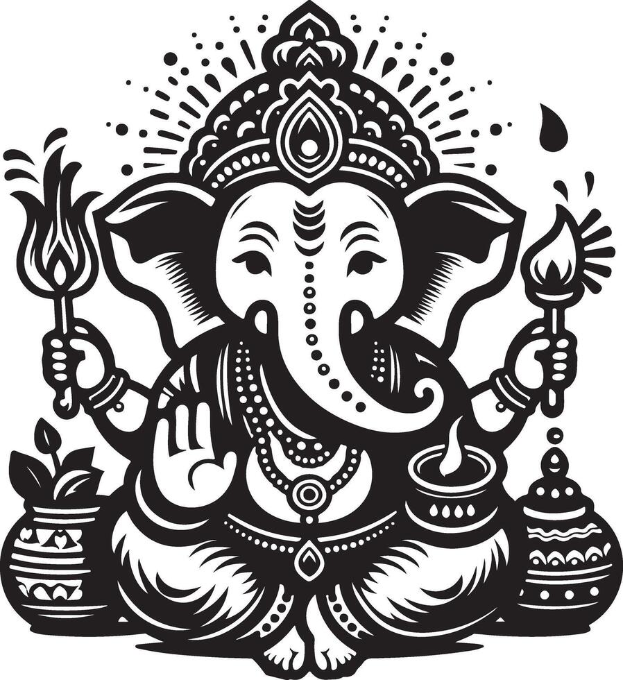 Minimalist and cute 2D black and white line art of Ganapati, designed for Ganesh Chaturthi. vector