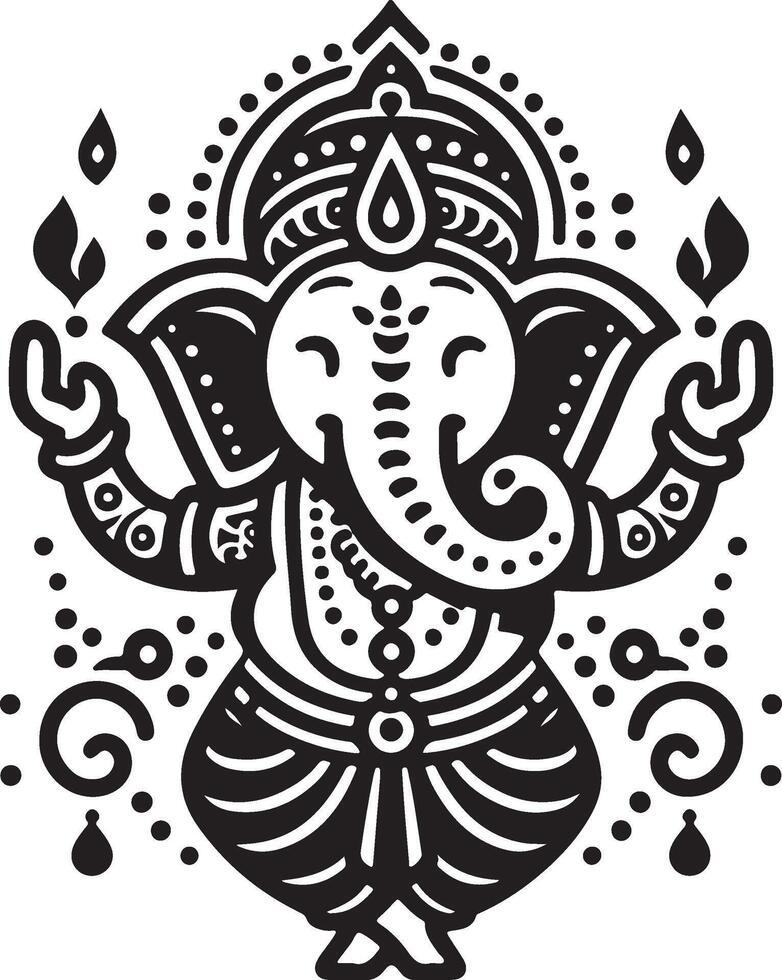 Simple yet cute 2D black and white illustration of Ganapati, with a focus on the silhouette and low detail for Ganesh Chaturthi. vector