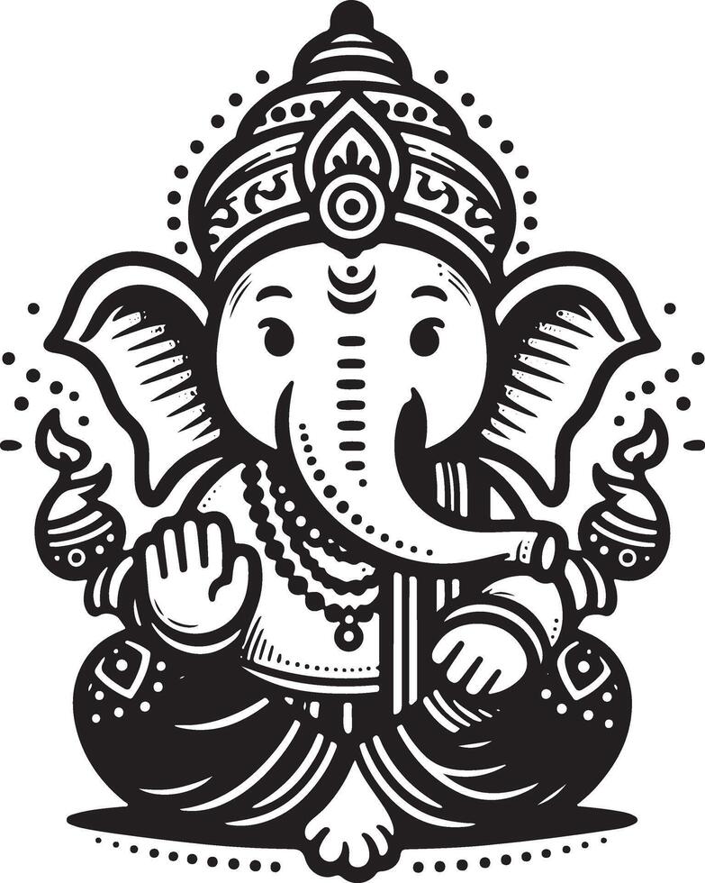A clean and simple 2D line drawing of Lord Ganapati in black and white, with minimal details for Ganesh Chaturthi. vector