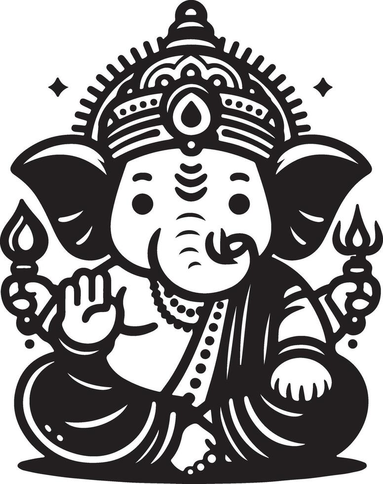 Minimalist 2D line art of Ganapati, featuring a clean and cute silhouette in black and white for Ganesh Chaturthi. vector