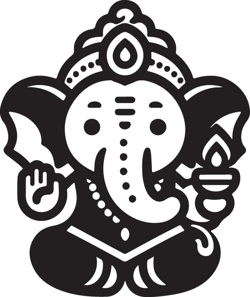 Cute and simple 2D black and white illustration of Ganapati, rendered with a focus on a clean silhouette for Ganesh Chaturthi. vector