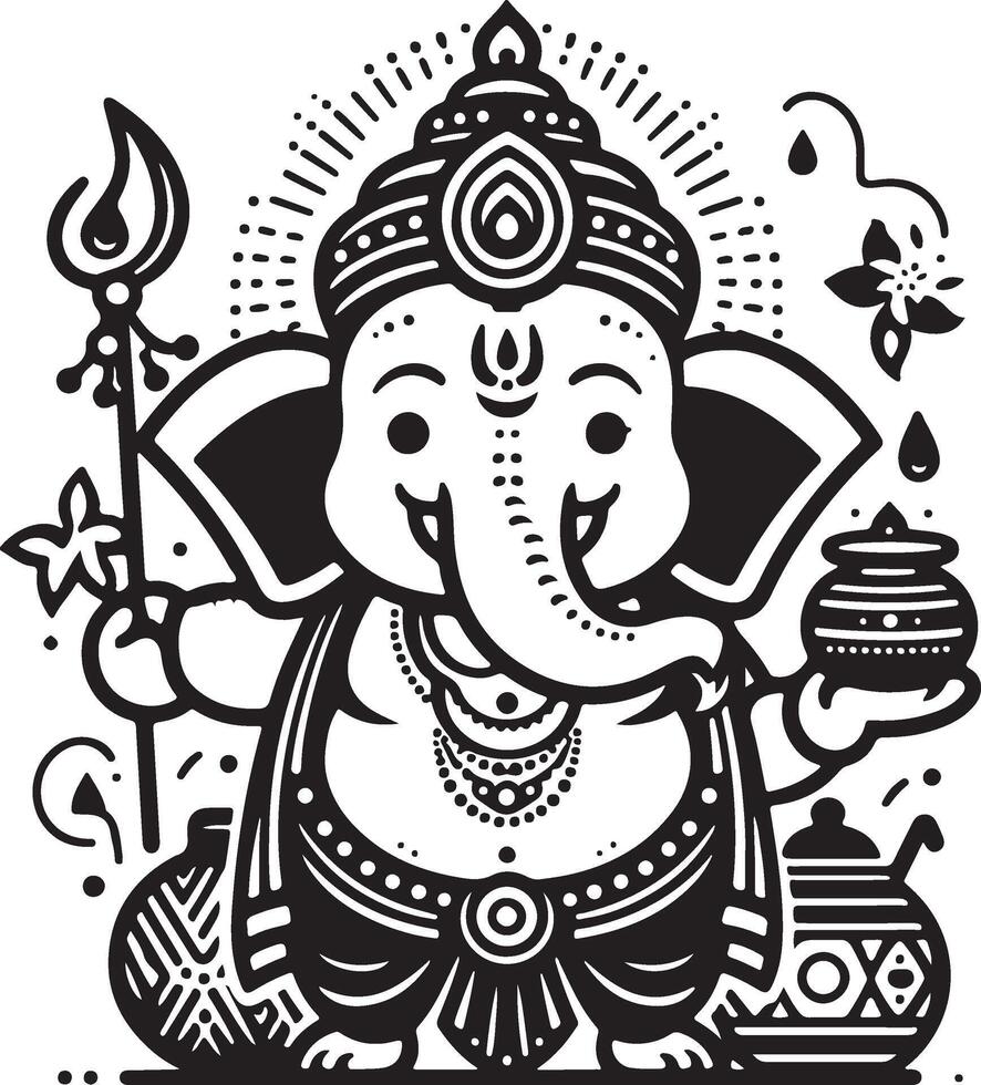 A clean and minimalistic 2D black and white line drawing of Ganapati, designed for Ganesh Chaturthi celebrations. vector