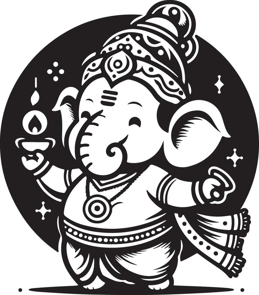 Charming and simple 2D black and white line art of Ganapati, rendered with minimal details for the Ganesh Chaturthi festival. vector