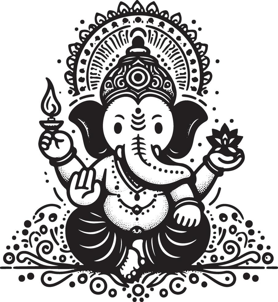 A simple and cute black and white 2D line drawing of Ganesh, with a focus on a clean silhouette for Ganesh Chaturthi. vector