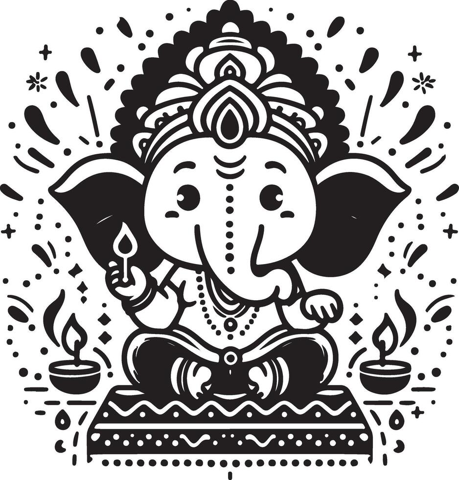 Cute and simplified 2D black and white line art of Ganapati, with a focus on clean silhouette for the festival of Ganesh Chaturthi. vector