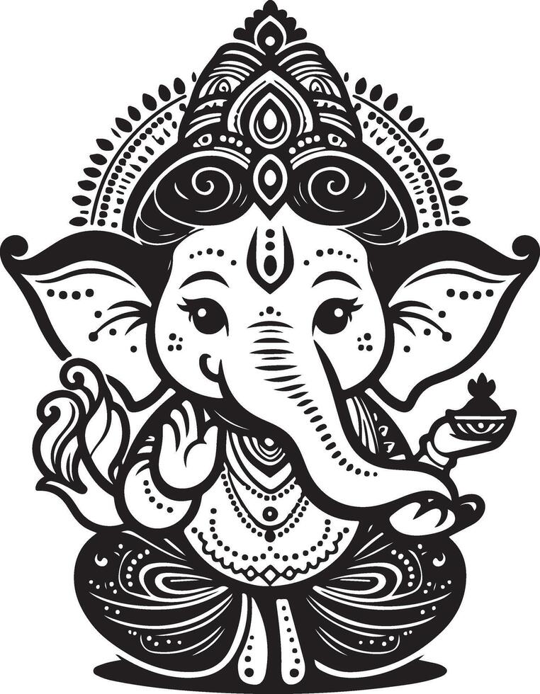 Simple and cute 2D silhouette of Lord Ganapati, featuring minimal details in black and white line art, designed for Ganesh Chaturthi. vector