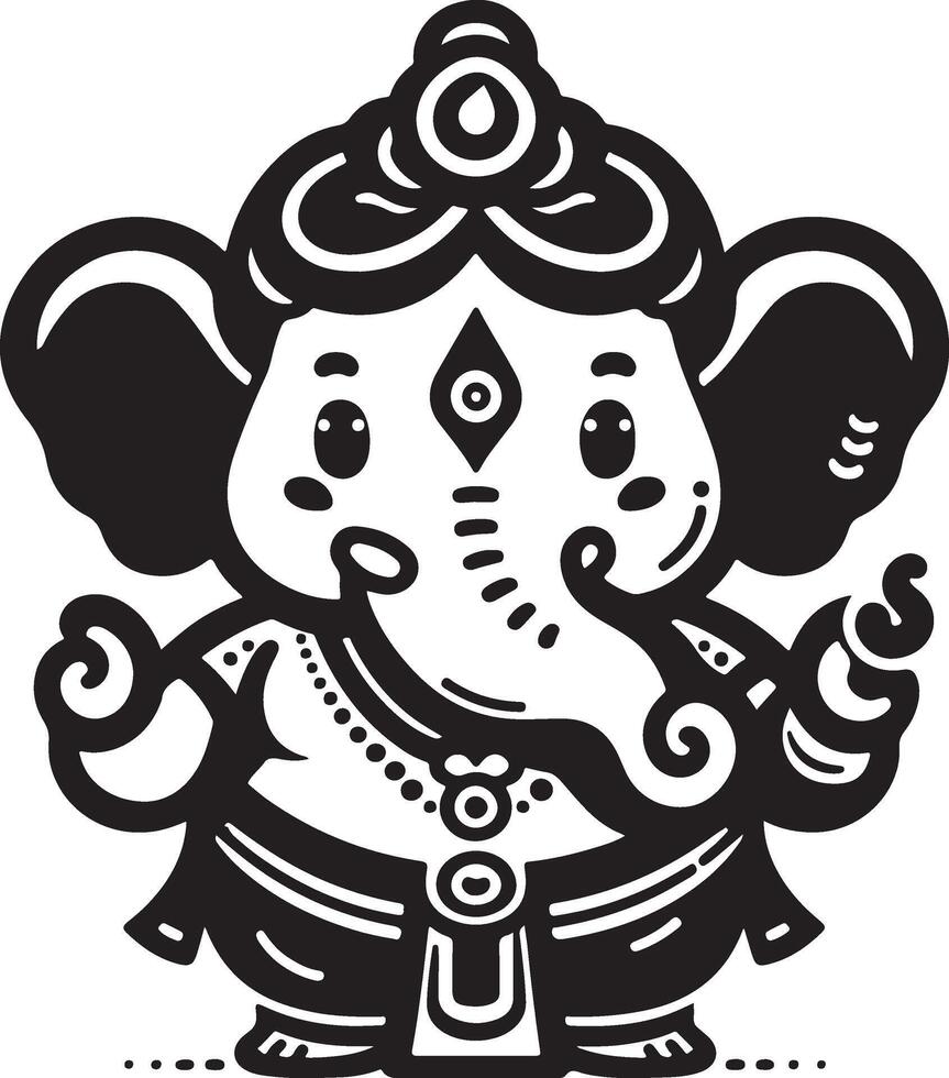 Simple black and white 2D silhouette of Ganesh, featuring minimal details for the Ganesh Chaturthi festival. vector