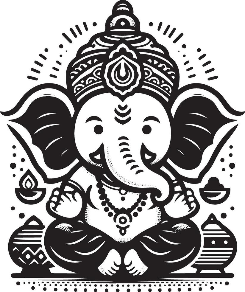 Minimalist and cute 2D illustration of Ganapati in black and white, ideal for Ganesh Chaturthi celebrations. vector