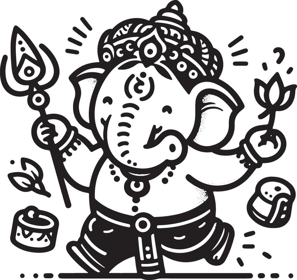 A low-detail 2D drawing of Lord Ganesh in black and white line art, focusing on a simplified silhouette for Ganesh Chaturthi. vector