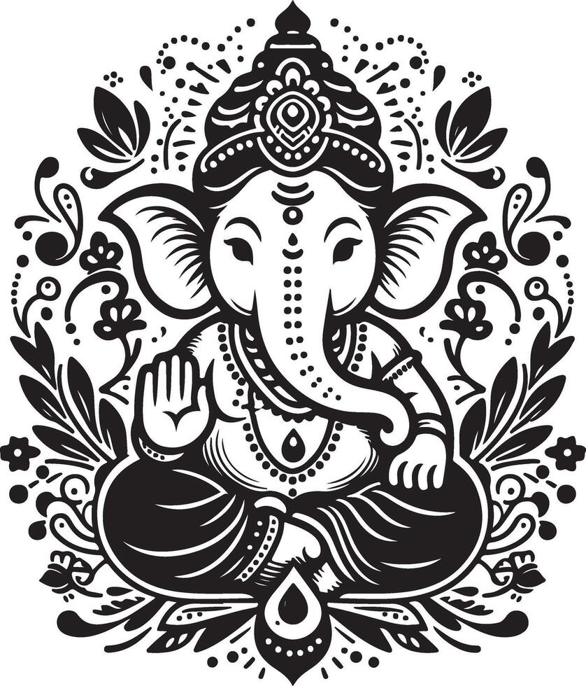 Simple black and white 2D line drawing of Ganapati, featuring a low-detail silhouette for the Ganesh Chaturthi festival. vector