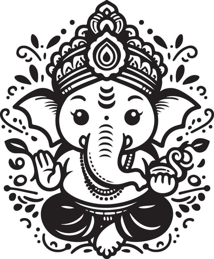 Cute 2D black and white line art of Ganapati, rendered in a minimalistic style for Ganesh Chaturthi. vector